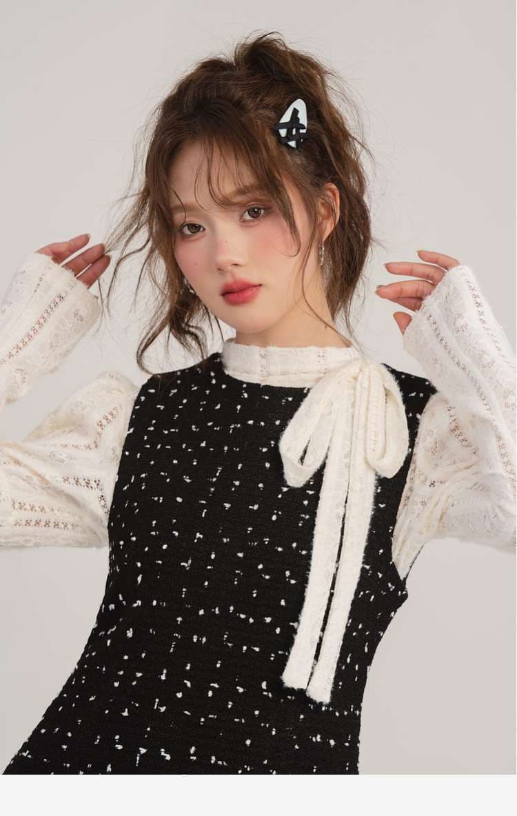 レーストップス＆ツイードミニワンピース セット｜デート服
