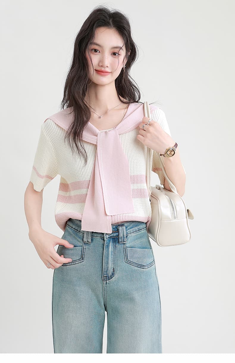 肩掛け風ボーダーニットトップス｜デート服