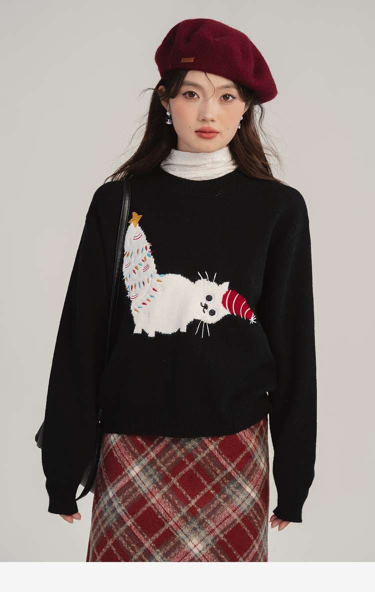 猫ちゃん柄ニット｜デート服