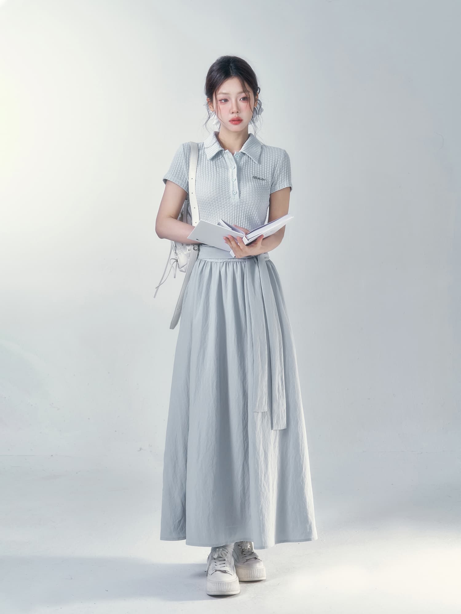 襟デザインリブニット切り替えワンピース｜デート服