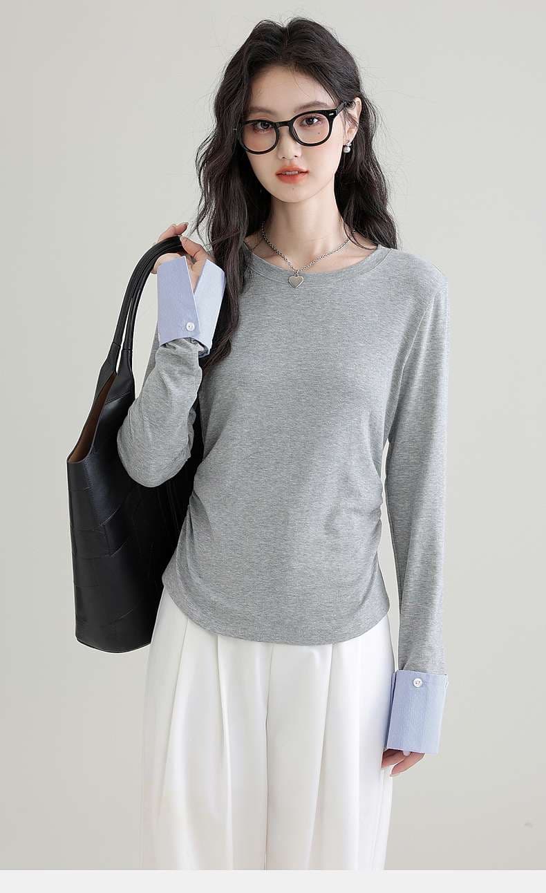 袖口切り替えロングスリーブカットソー｜デート服
