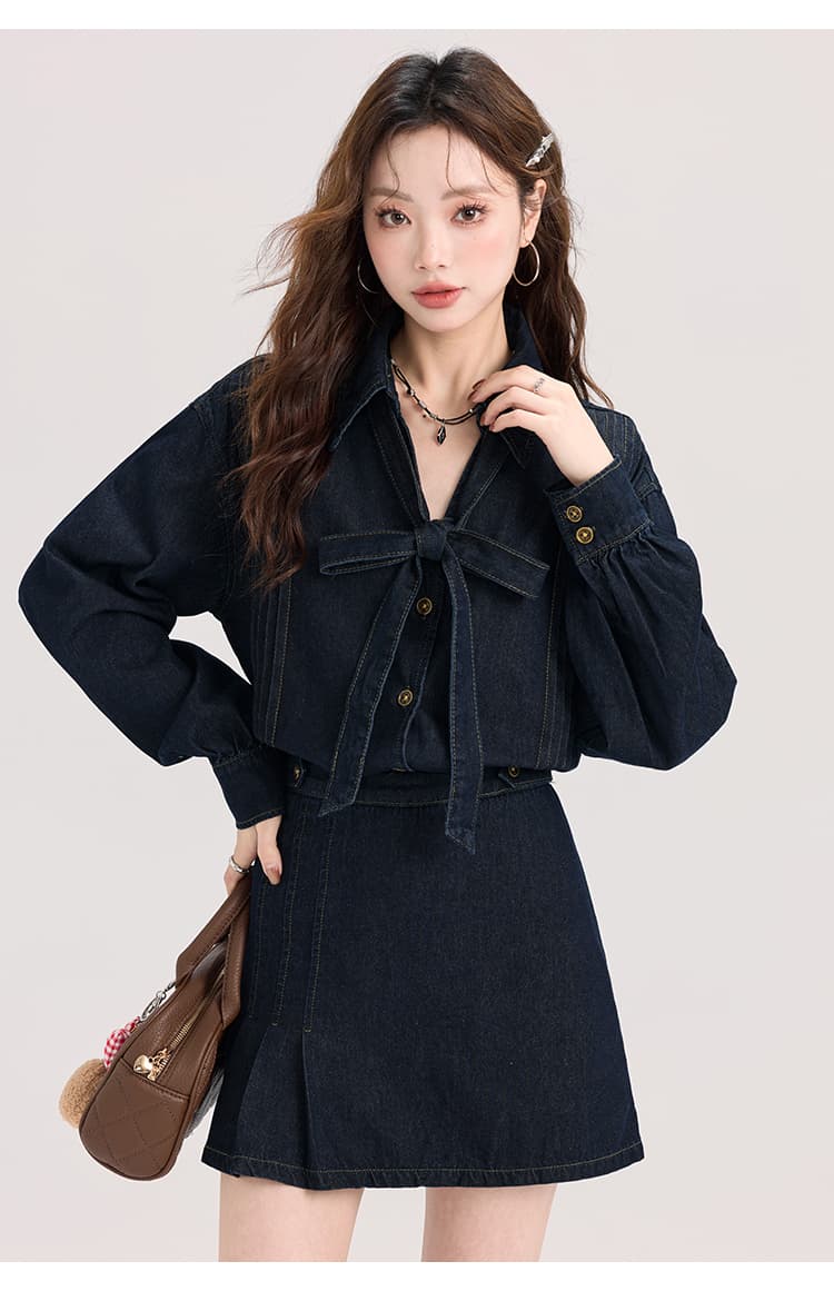 1着で好印象も着回し力も叶う、リボンタイデニムセットアップ｜デート服