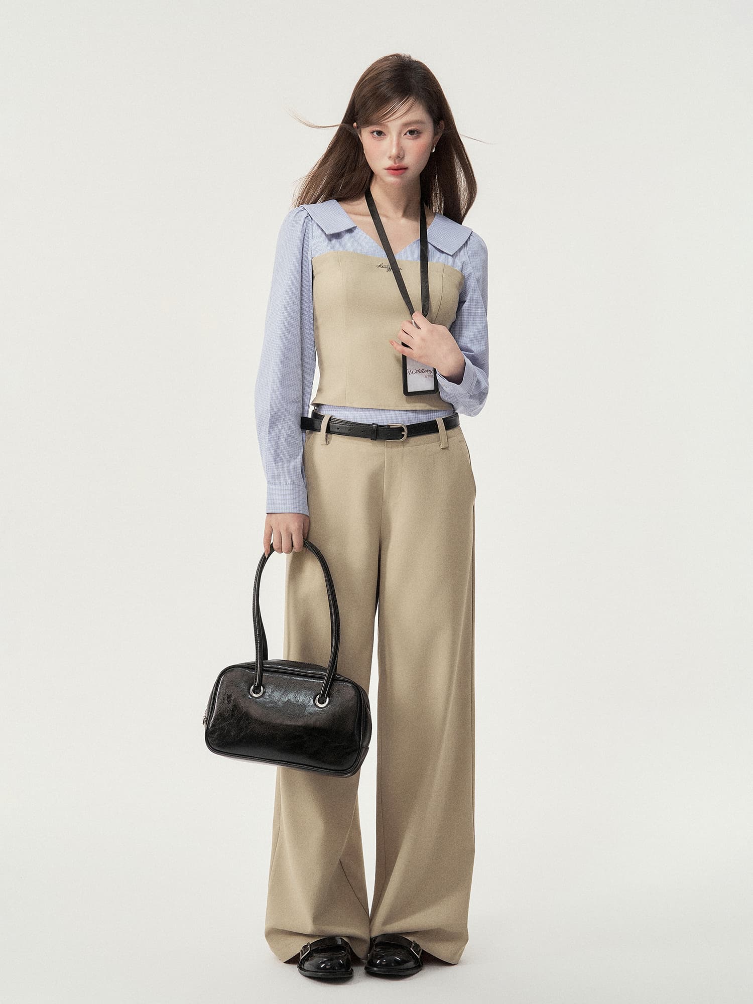 レイヤード風ドッキングトップス×ワイドパンツ セットアップ｜デート服