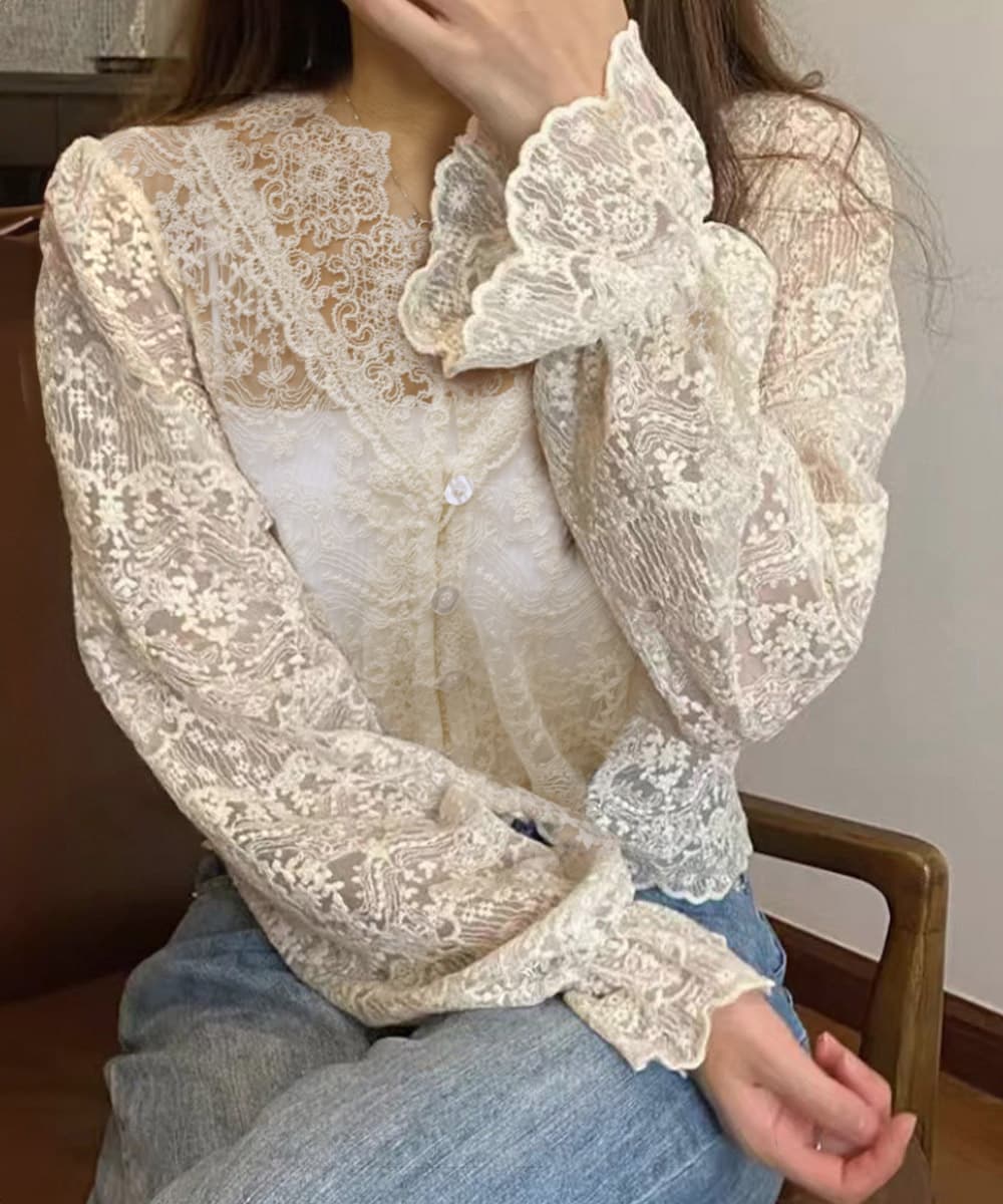 デート服春のデート服 花柄総レースブラウス透け感長袖トップス 春のデート