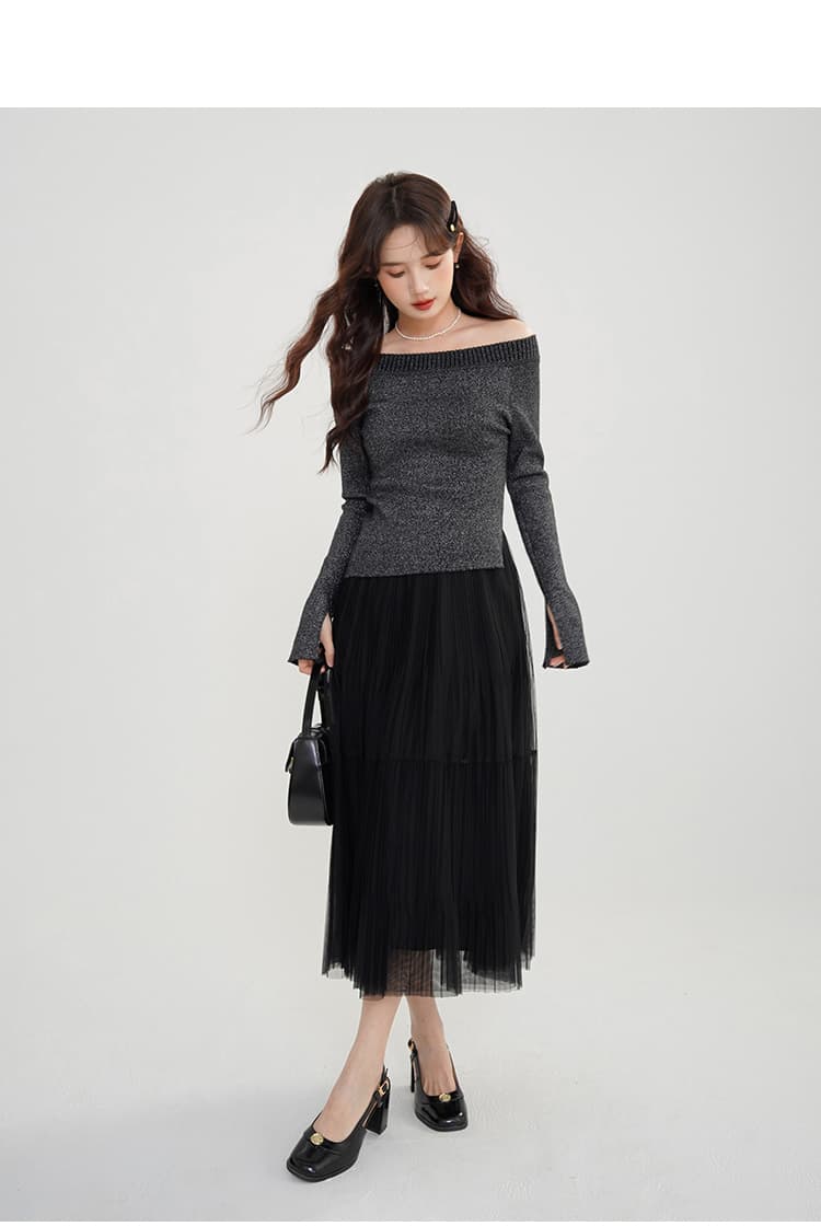 チュールプリーツロングスカート｜デート服