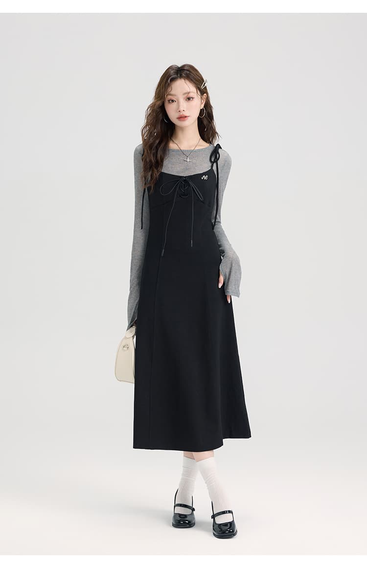 レースアップキャミワンピース＆シアーリブニットトップスセット｜デート服