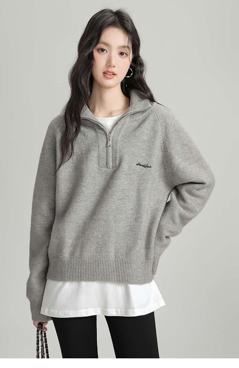 ゆったりハーフジップニットトップス｜デート服