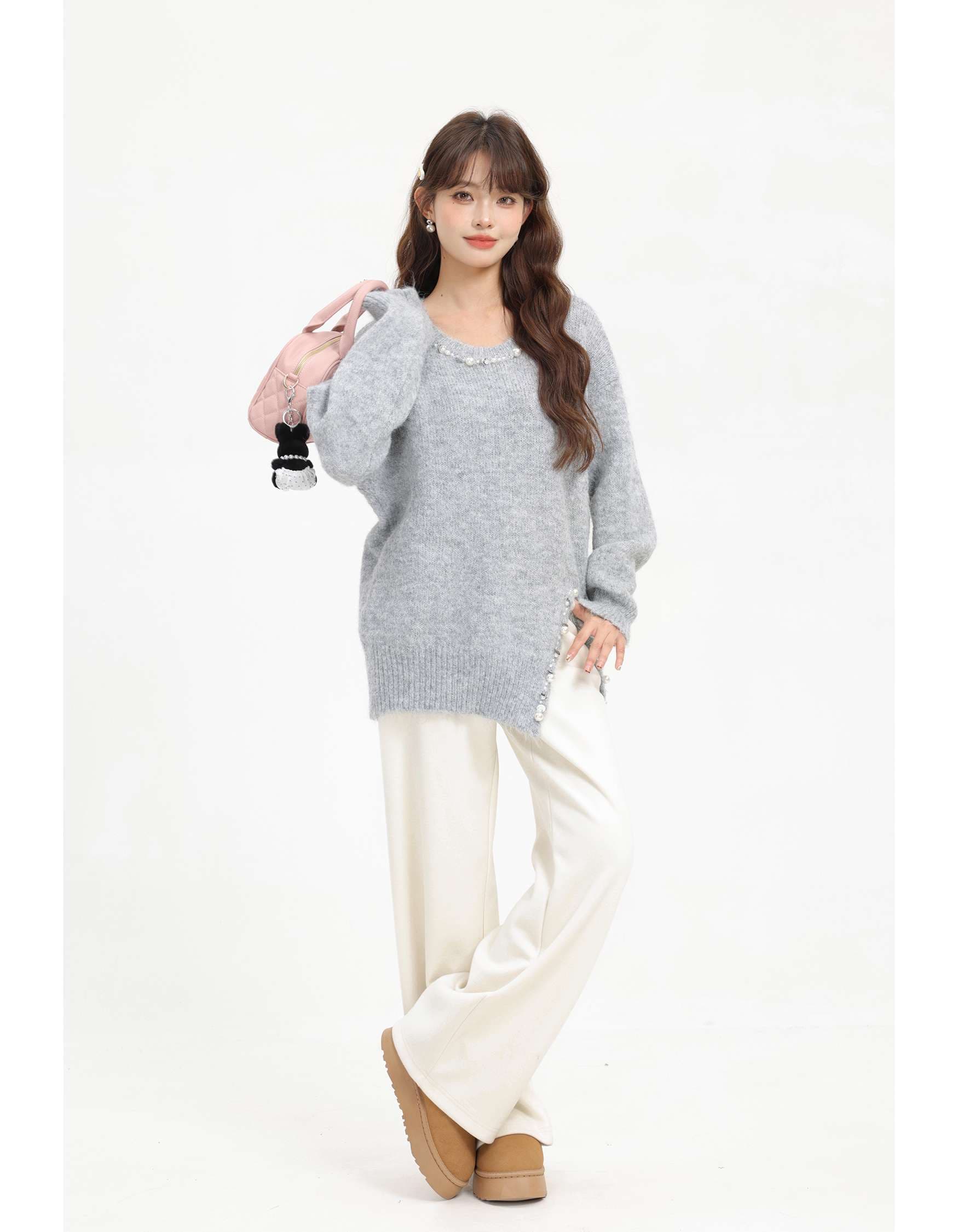 パールディテールアシンメトリーニット｜デート服