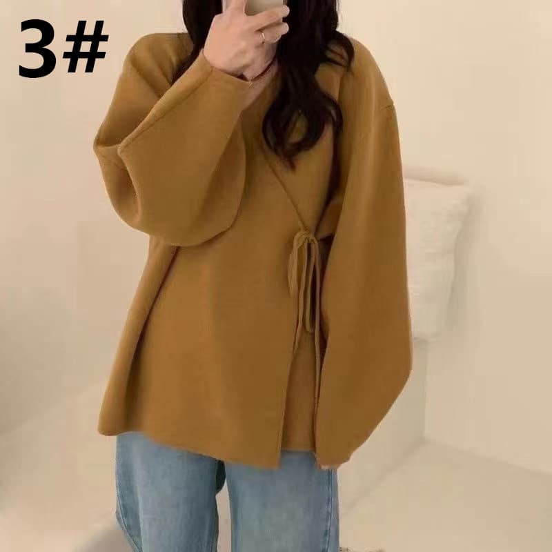 デート服秋のデート 秋冬 ゆったりニットカーディガン ウエストリボン付き