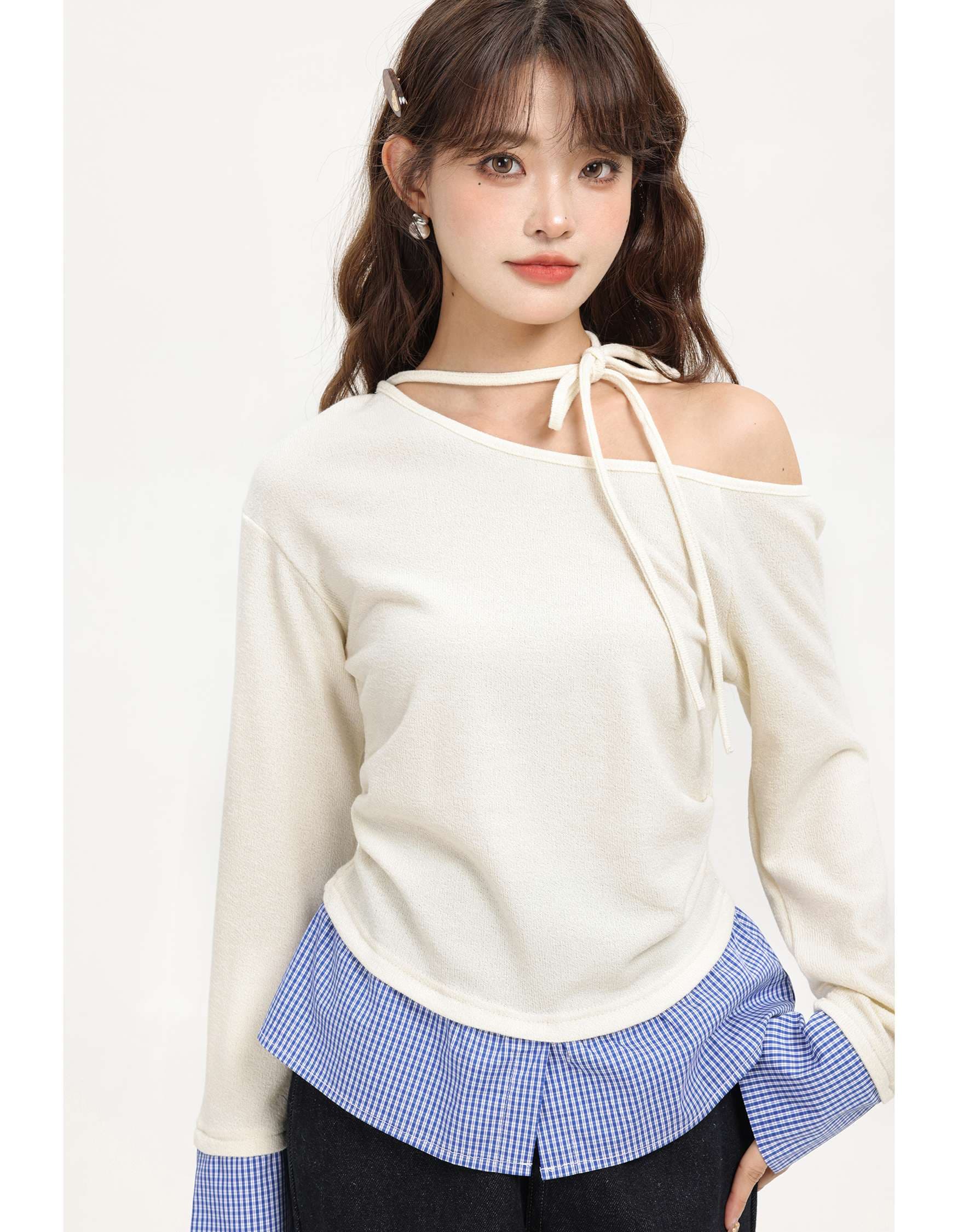 リボンタイオフショルダーレイヤードトップス｜デート服