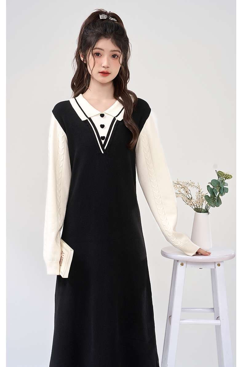 動きやすさもかわいさも叶う、襟付きバイカラーニットワンピース｜デート服