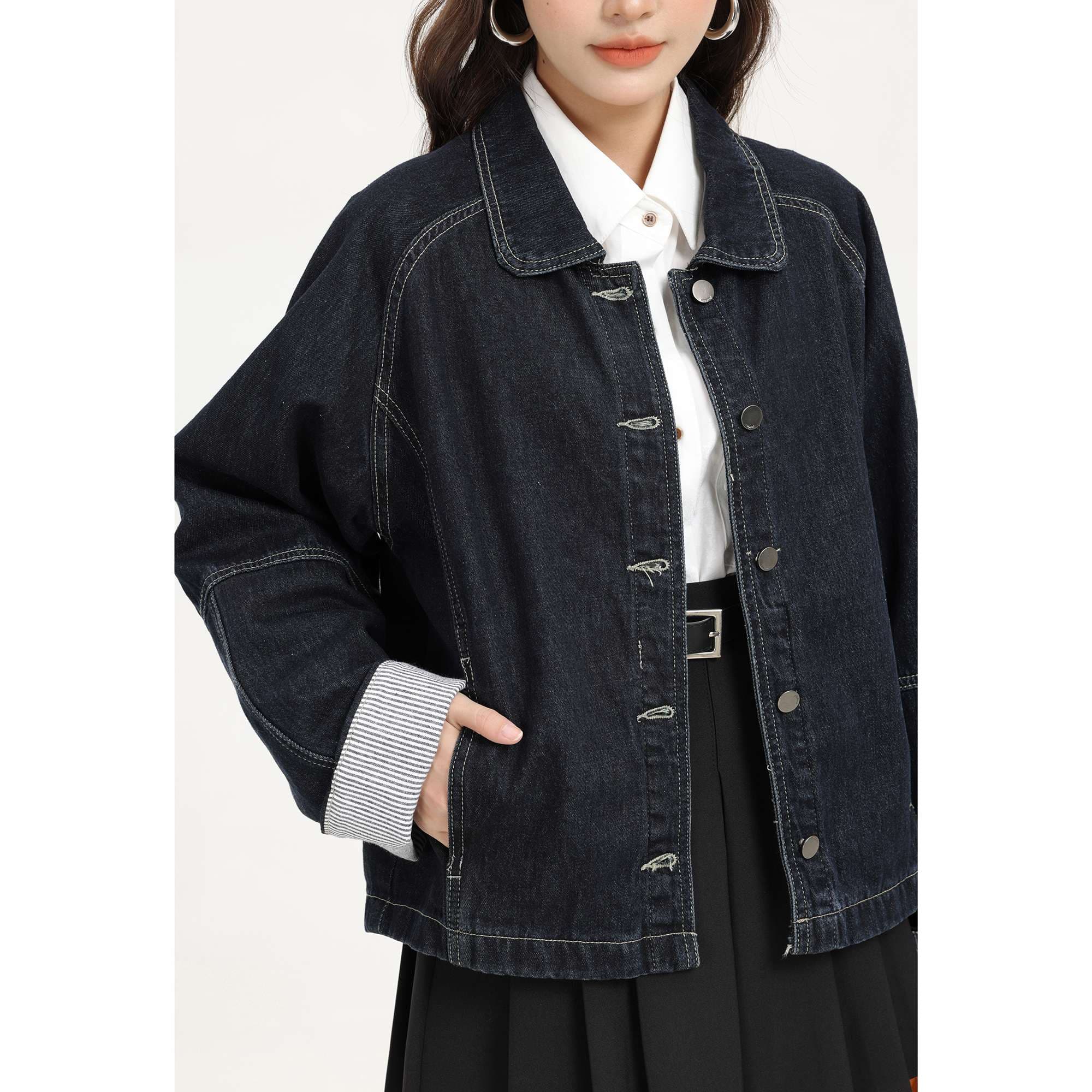 カフスストライプデニムジャケット｜デート服