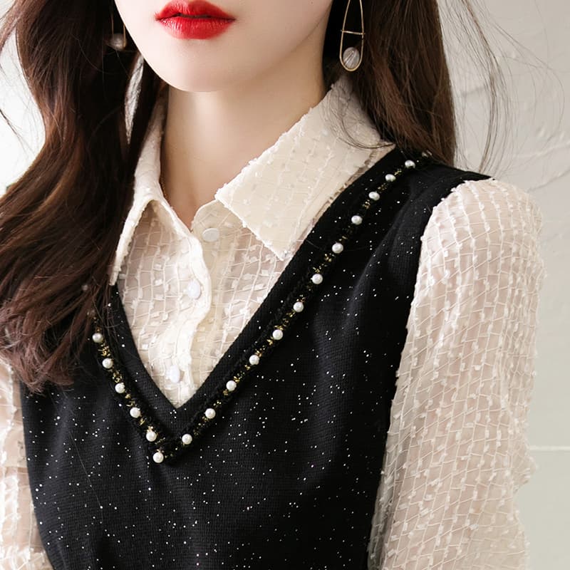 上品なきらめきを纏う、パールビジュージレワンピース＆シフォンブラウスセット｜デート服