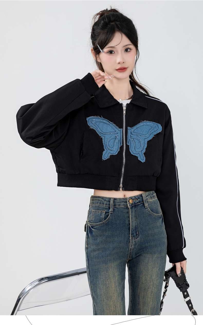 蝶々刺繍入りクロップドジャケット｜デート服