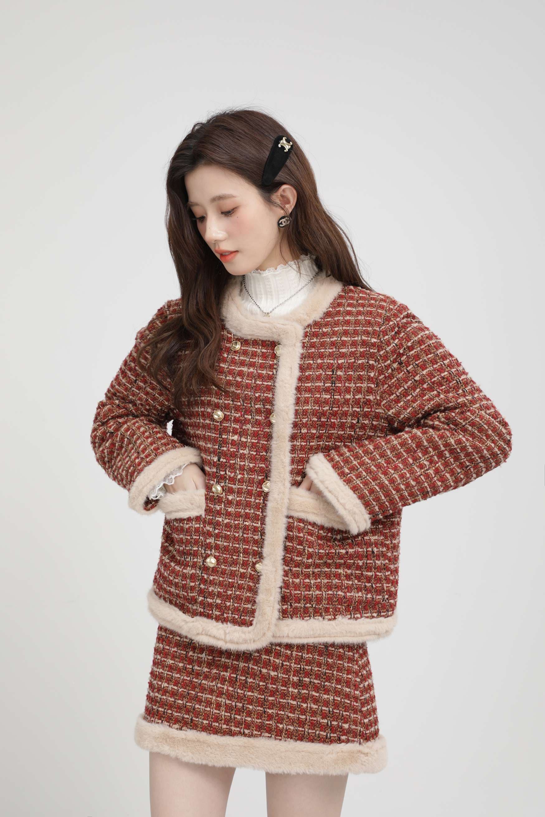 ファー付きツイードセットアップ｜デート服