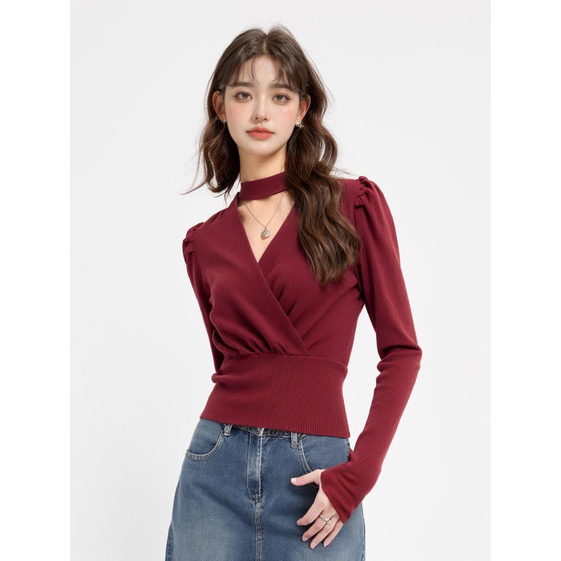 カットアウトディテールパフスリーブトップス｜デート服