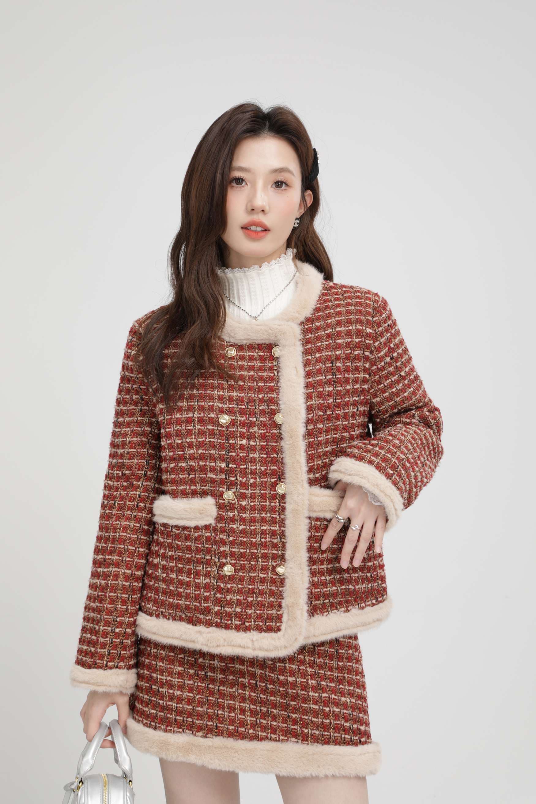 ファー付きツイードセットアップ｜デート服