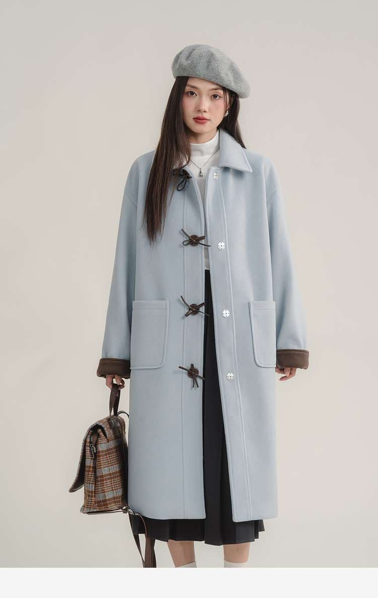 バイカラーダッフルロングコート｜デート服