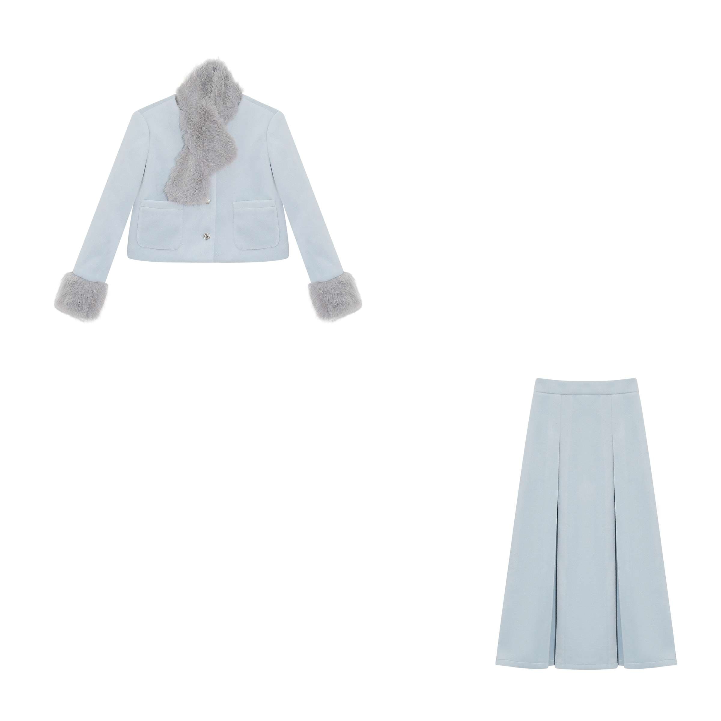 ファーアクセントジャケット＆ロングスカートセットアップ｜デート服