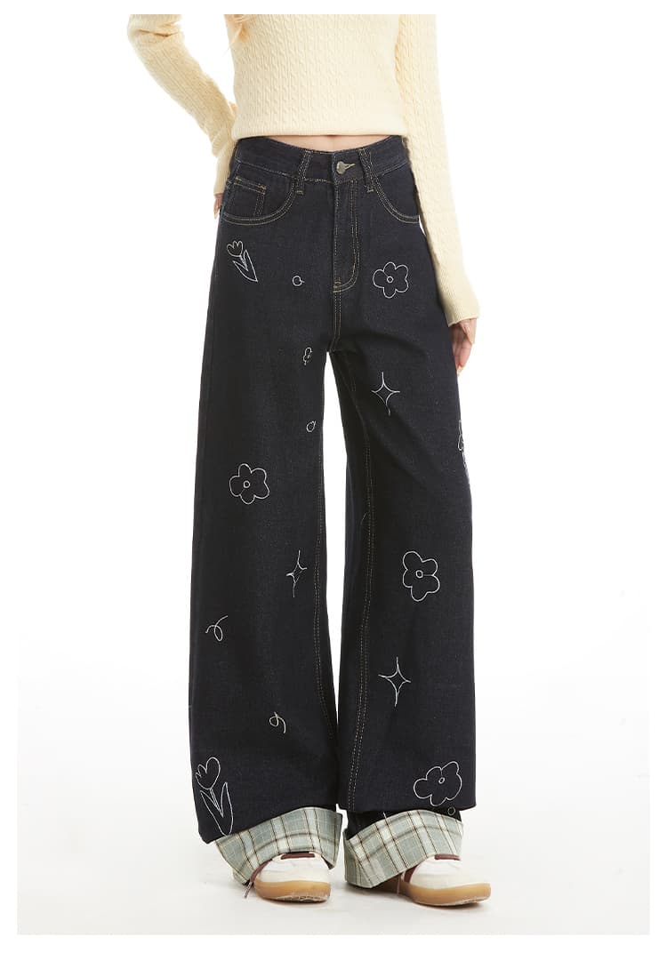 ゆるシルエットで軽やかにきまる、刺繍フラワーワイドデニムパンツ｜デート服