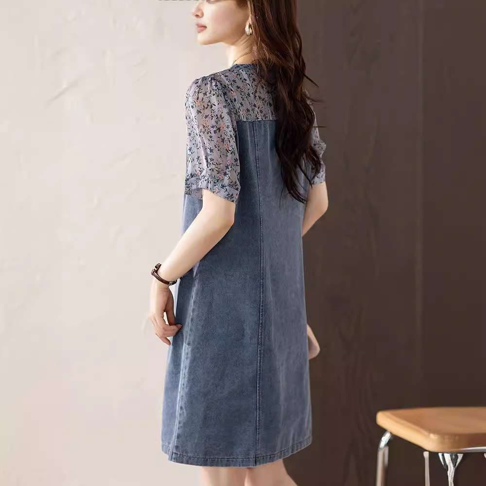 花柄切り替えデニムワンピース｜デート服