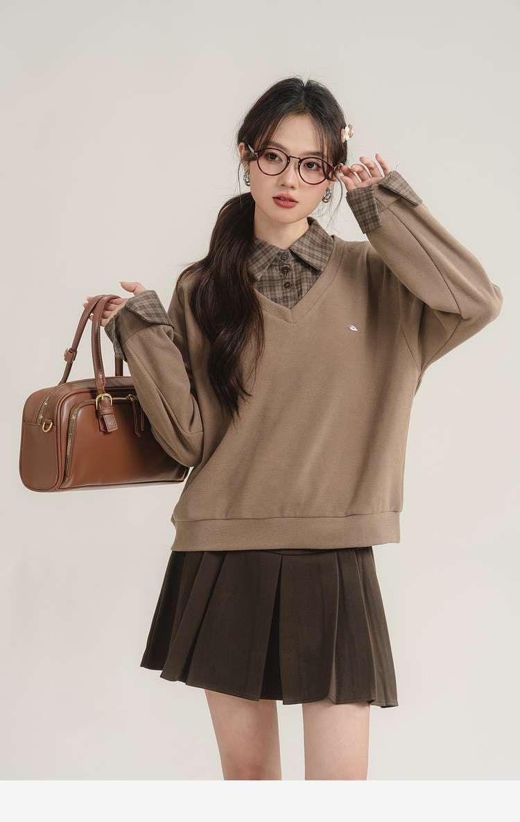 レイヤード風チェックシャツ付きトップス｜デート服