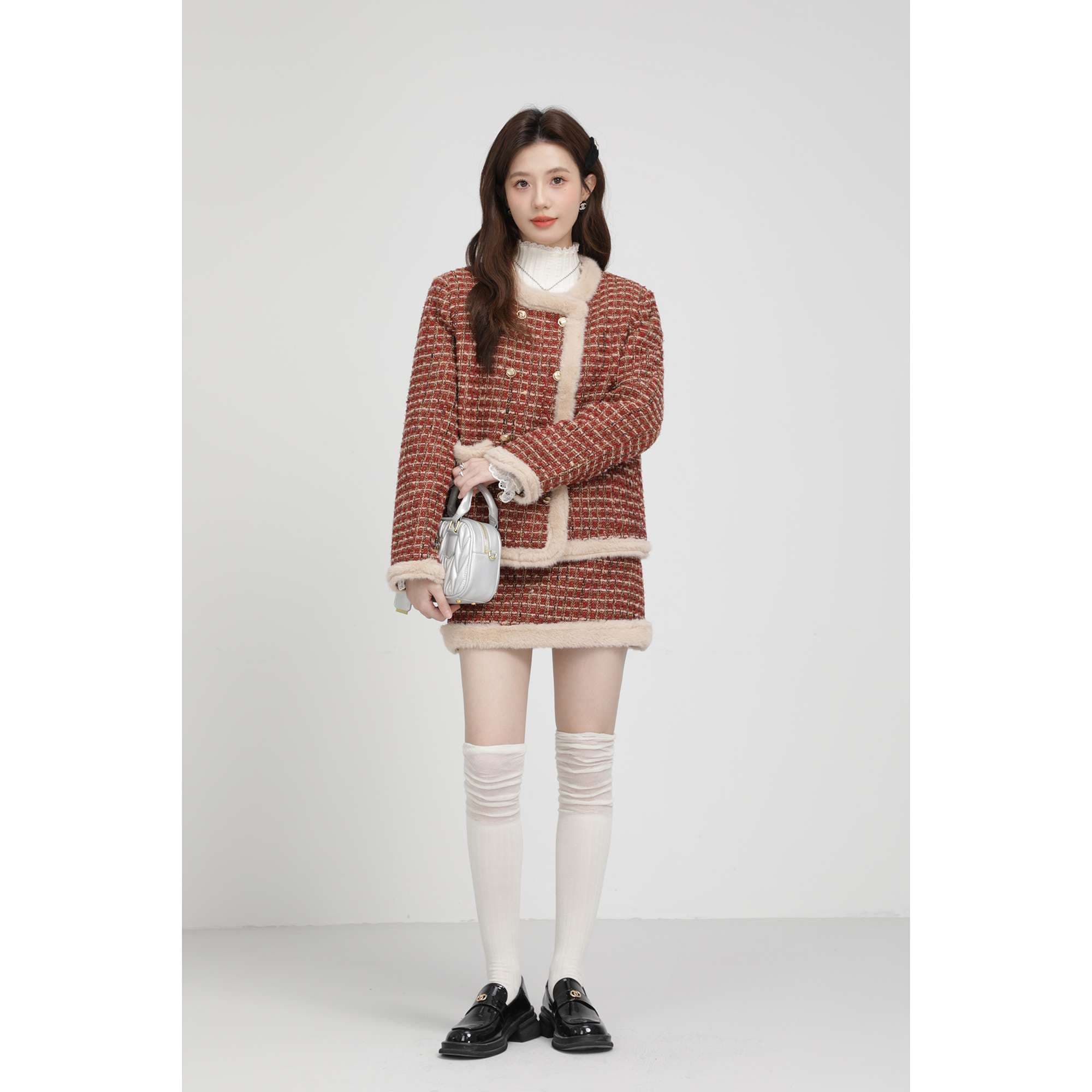 ファー付きツイードセットアップ｜デート服
