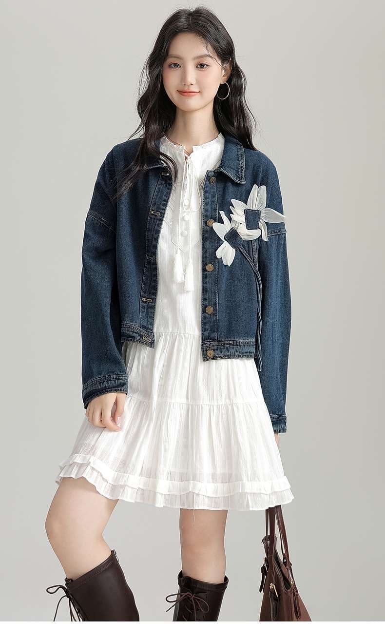 花柄アップリケデニムジャケット｜デート服