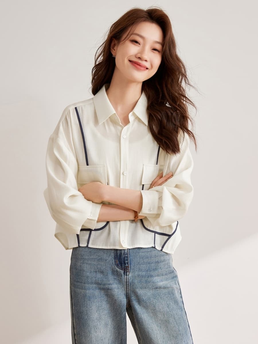 配色ラインポケットシャツ｜デート服