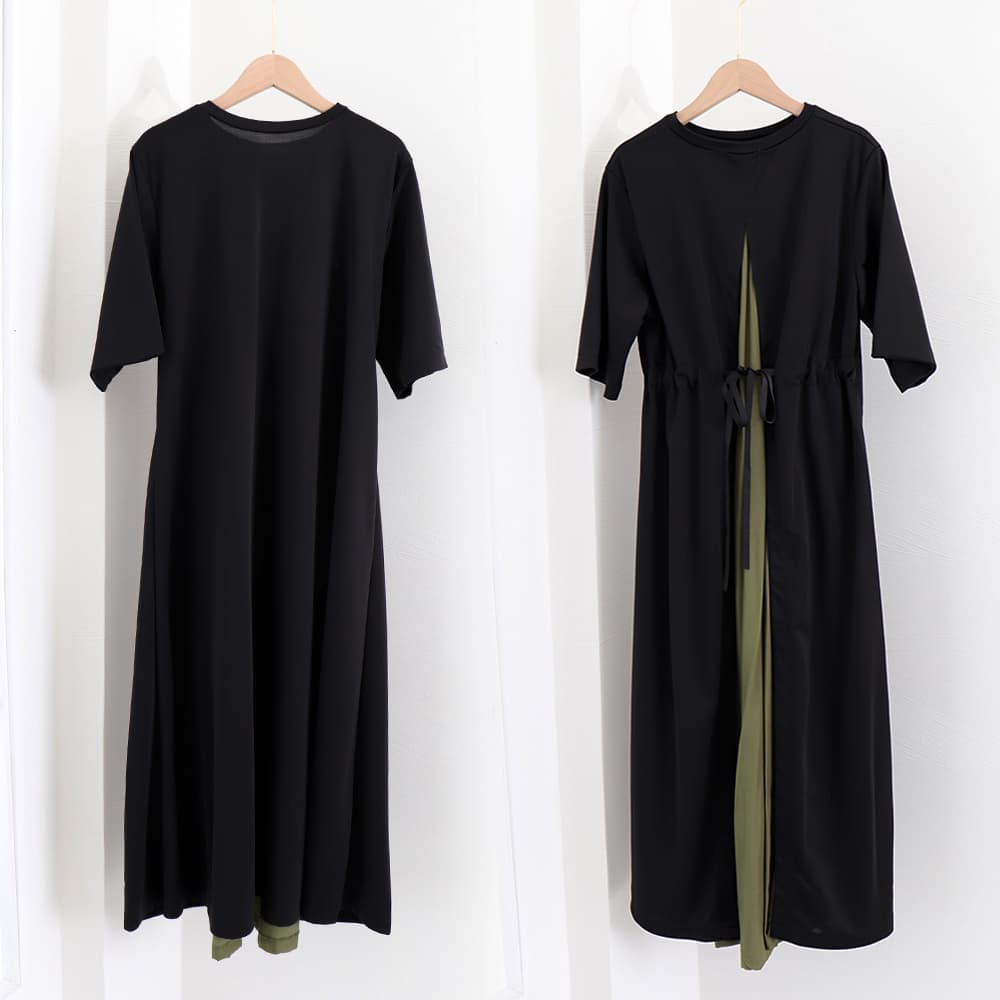 デート服 バック切り替え 上品ミモレ丈ワンピース