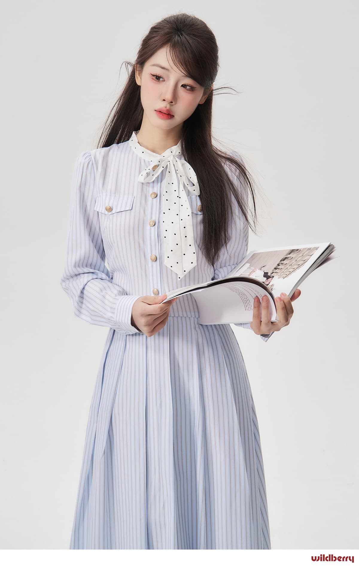 ストライプシャツ風ボウタイワンピース｜デート服