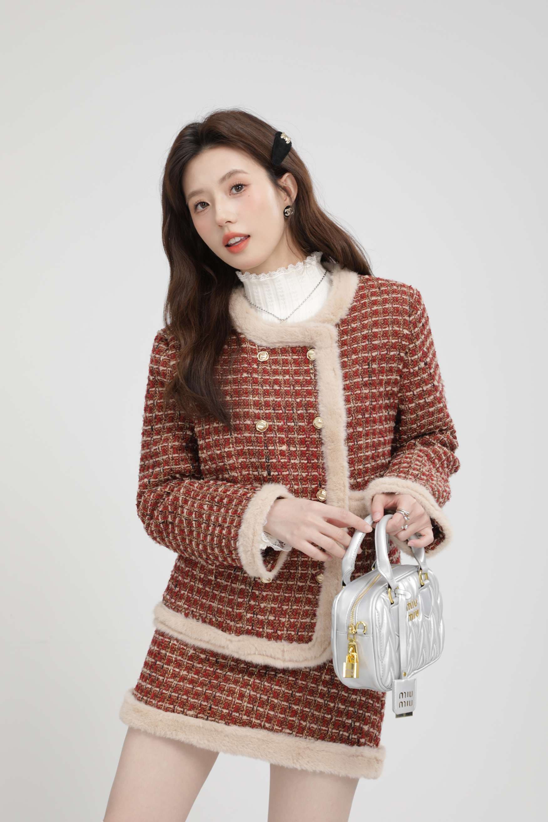 ファー付きツイードセットアップ｜デート服