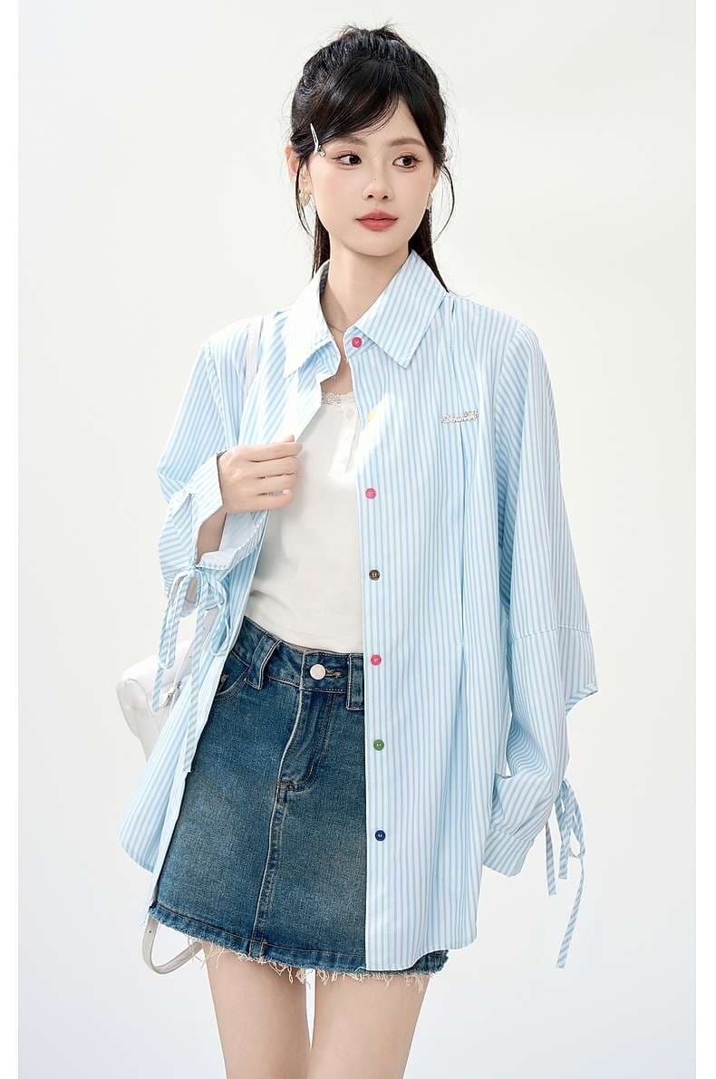 ストライプ柄オーバーサイズシャツ｜デート服