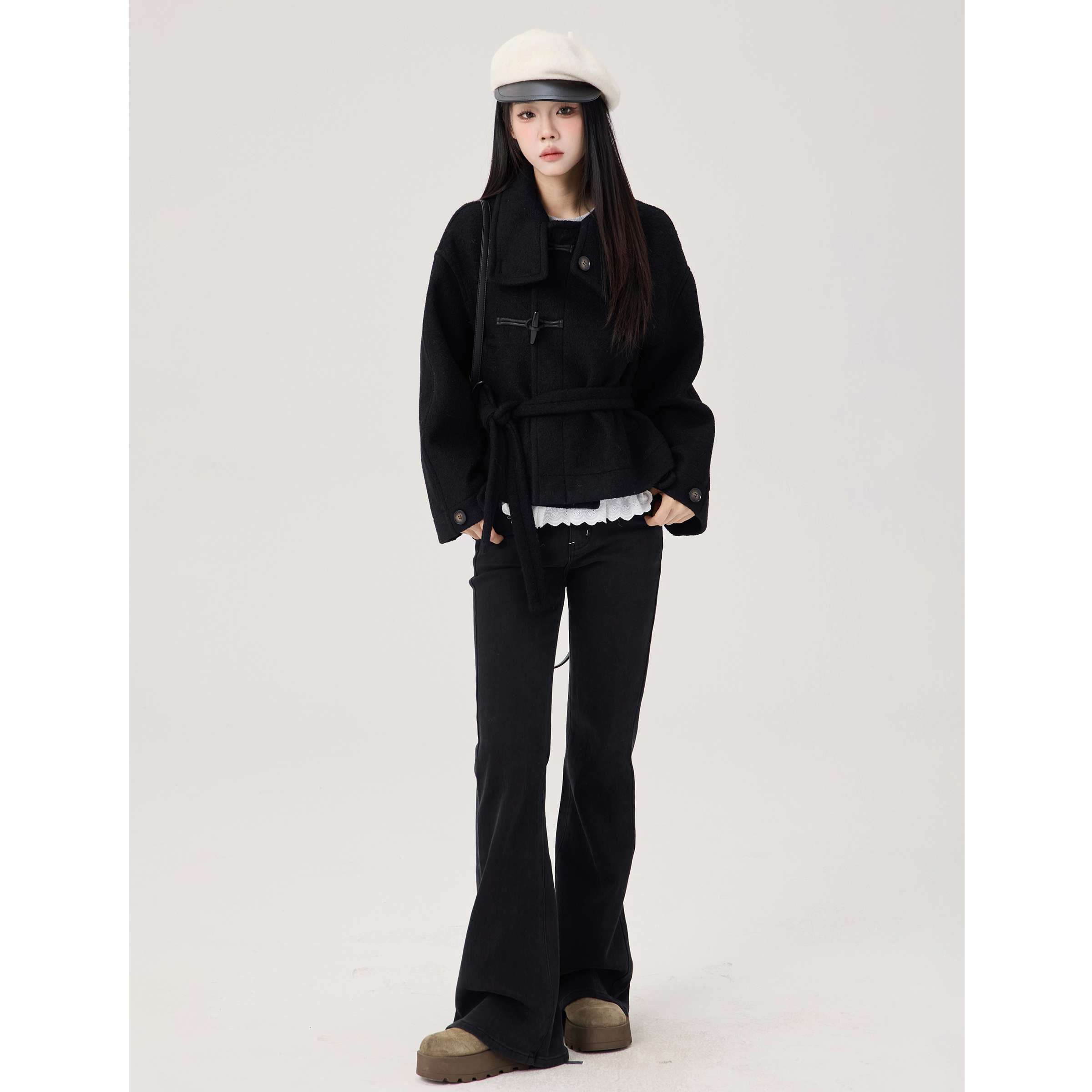 ウエストリボン付きダッフルショートコート｜デート服
