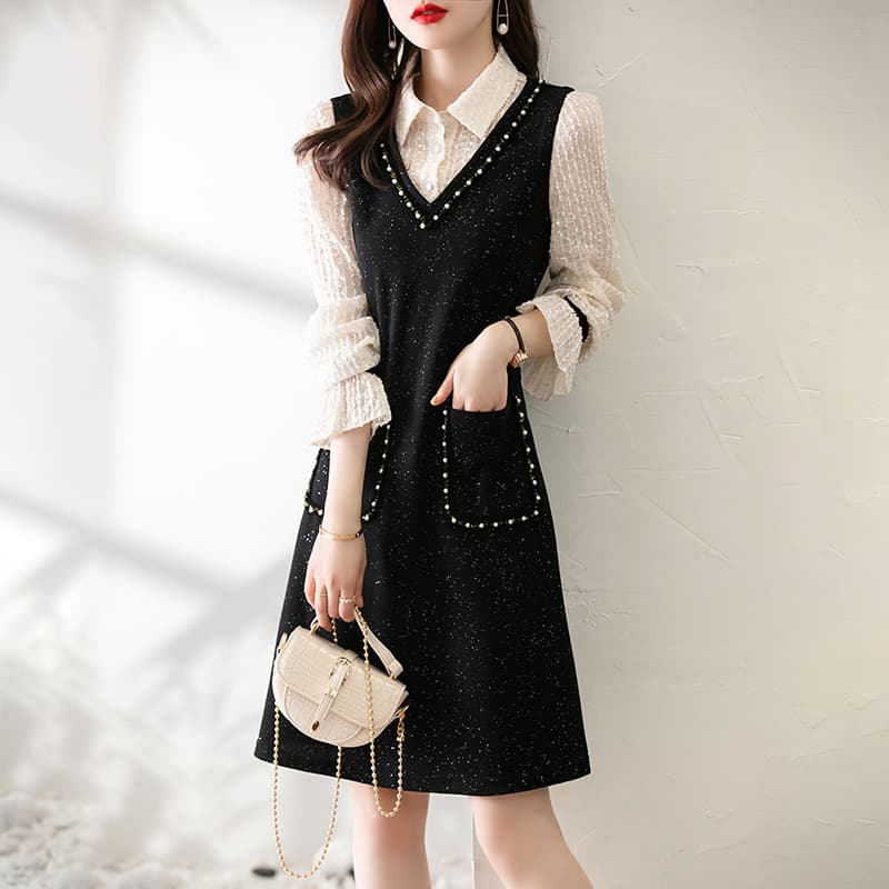上品なきらめきを纏う、パールビジュージレワンピース＆シフォンブラウスセット｜デート服