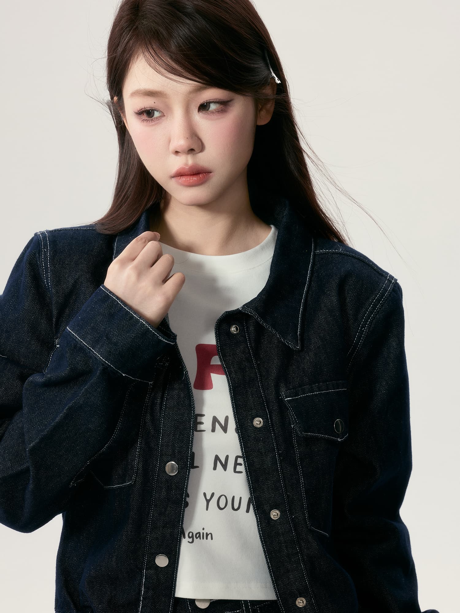 ステッチデニムジャケット×ワイドパンツ セットアップ風コーデ｜デート服