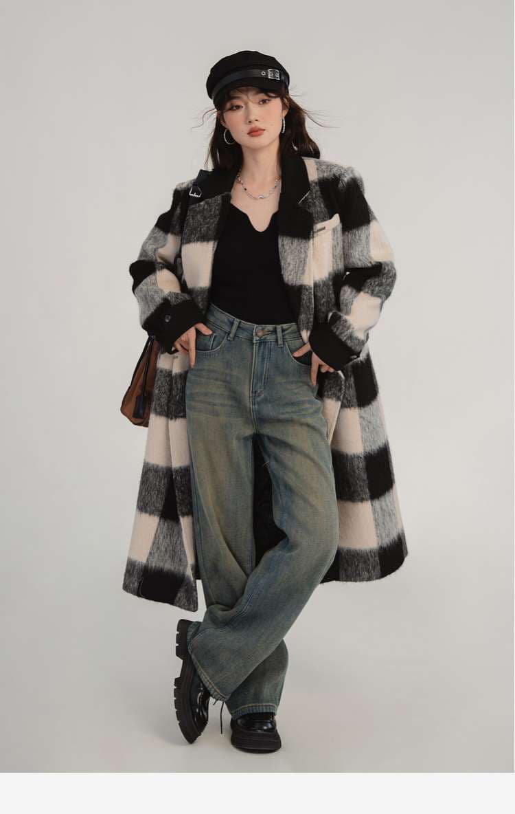 ビッグチェック柄ロングコート｜デート服