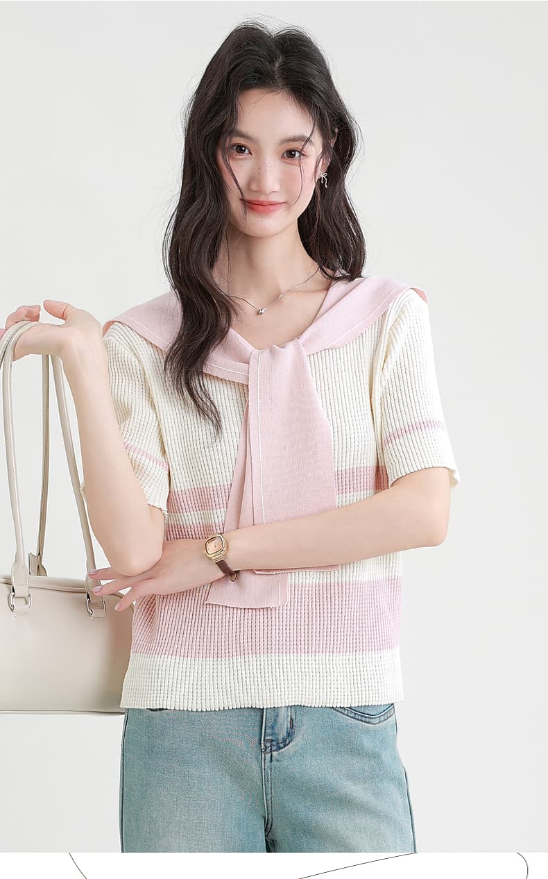 肩掛け風ボーダーニットトップス｜デート服