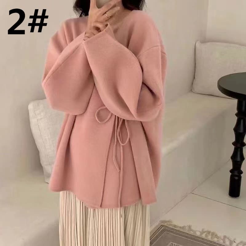 デート服秋のデート 秋冬 ゆったりニットカーディガン ウエストリボン付き