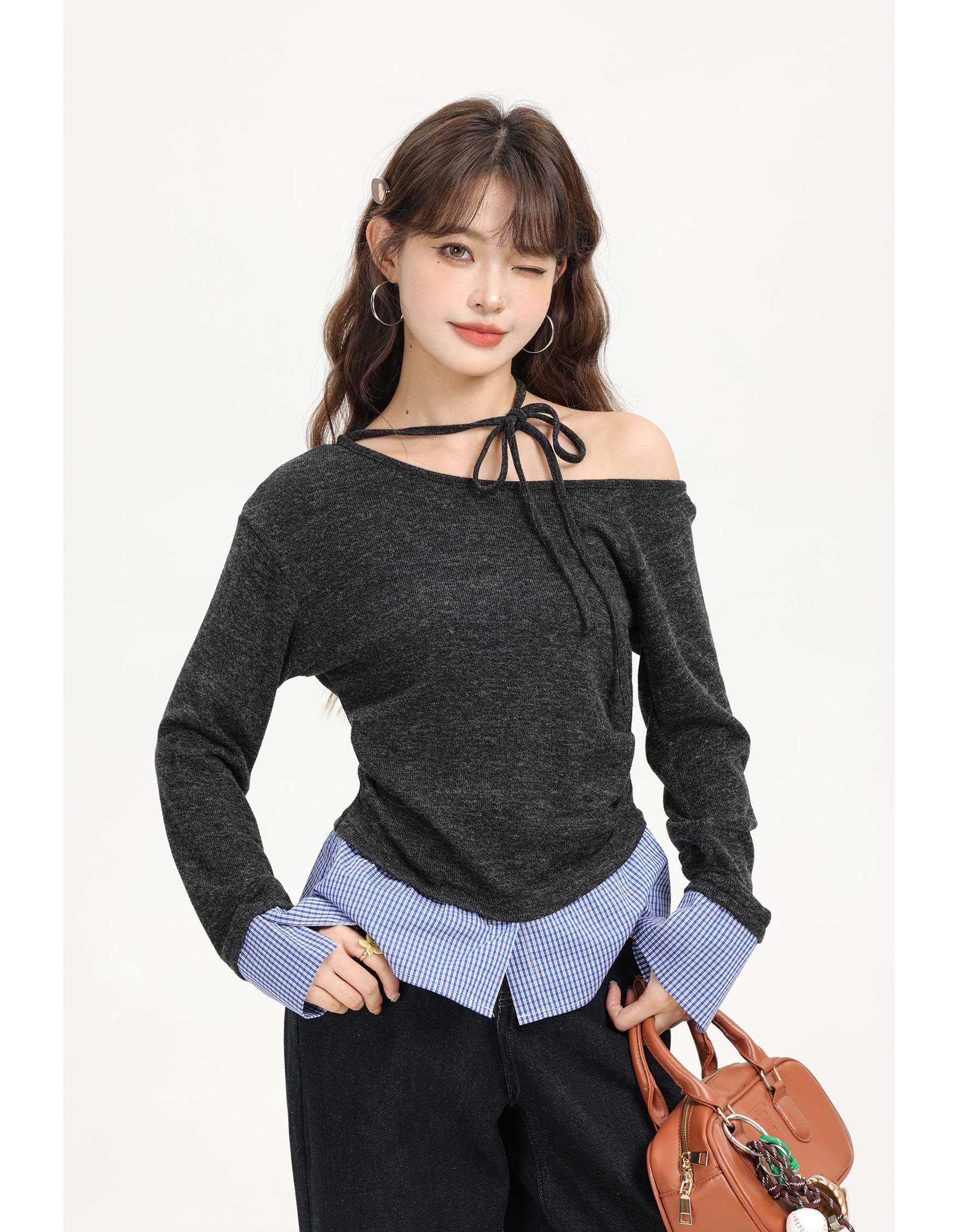 リボンタイオフショルダーレイヤードトップス｜デート服