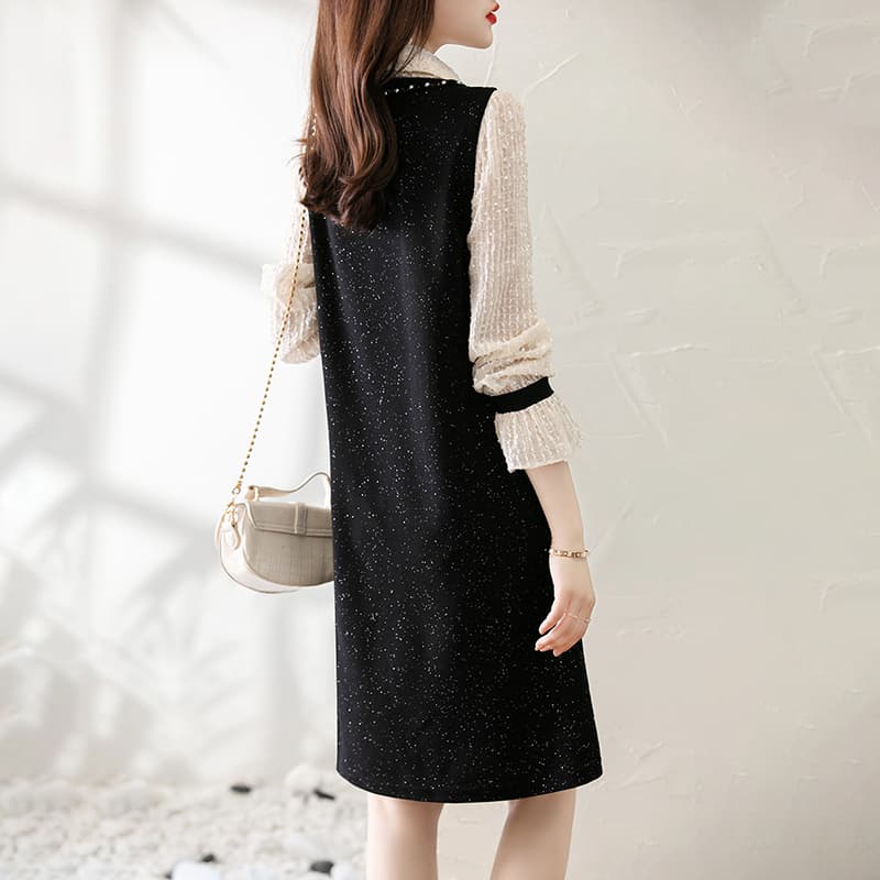 上品なきらめきを纏う、パールビジュージレワンピース＆シフォンブラウスセット｜デート服