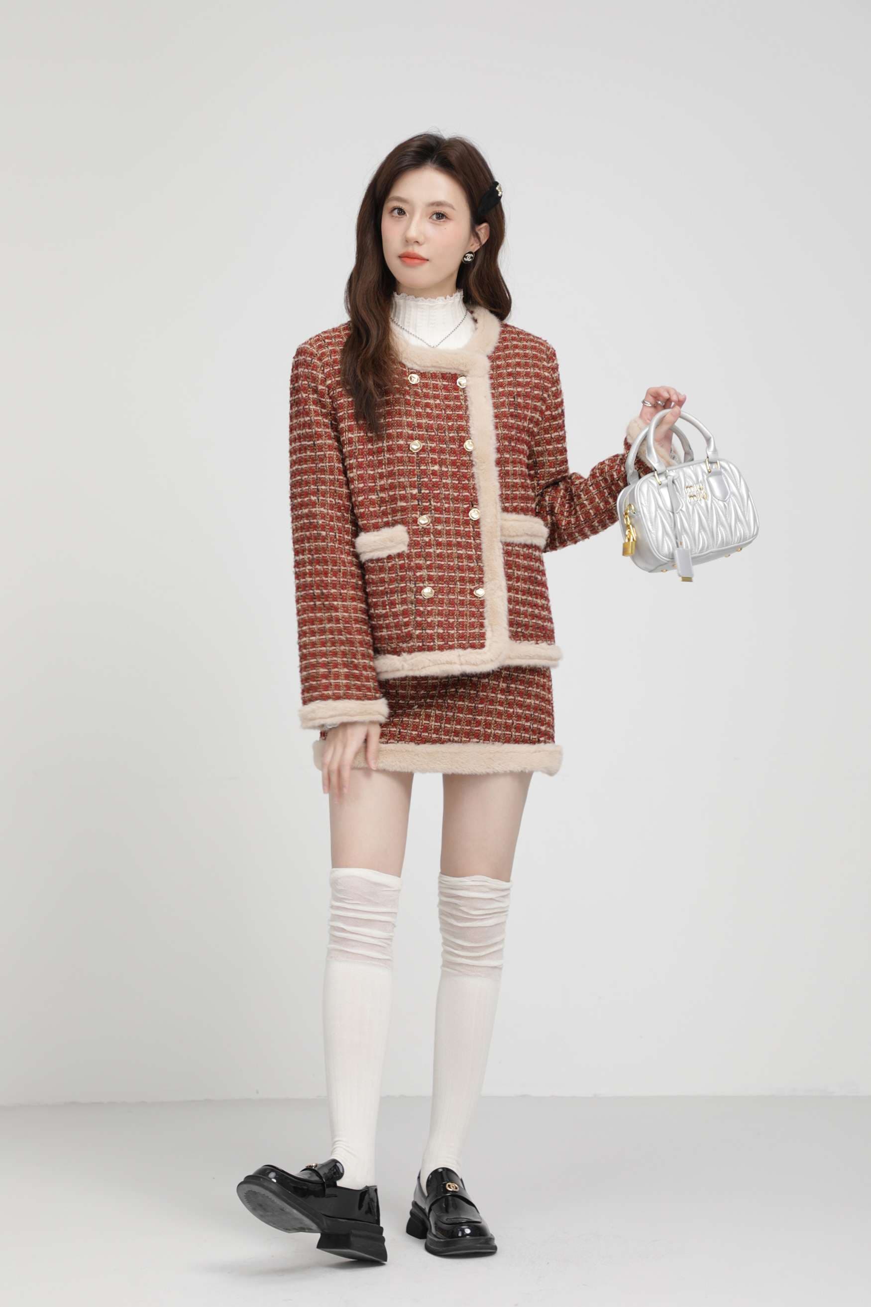 ファー付きツイードセットアップ｜デート服