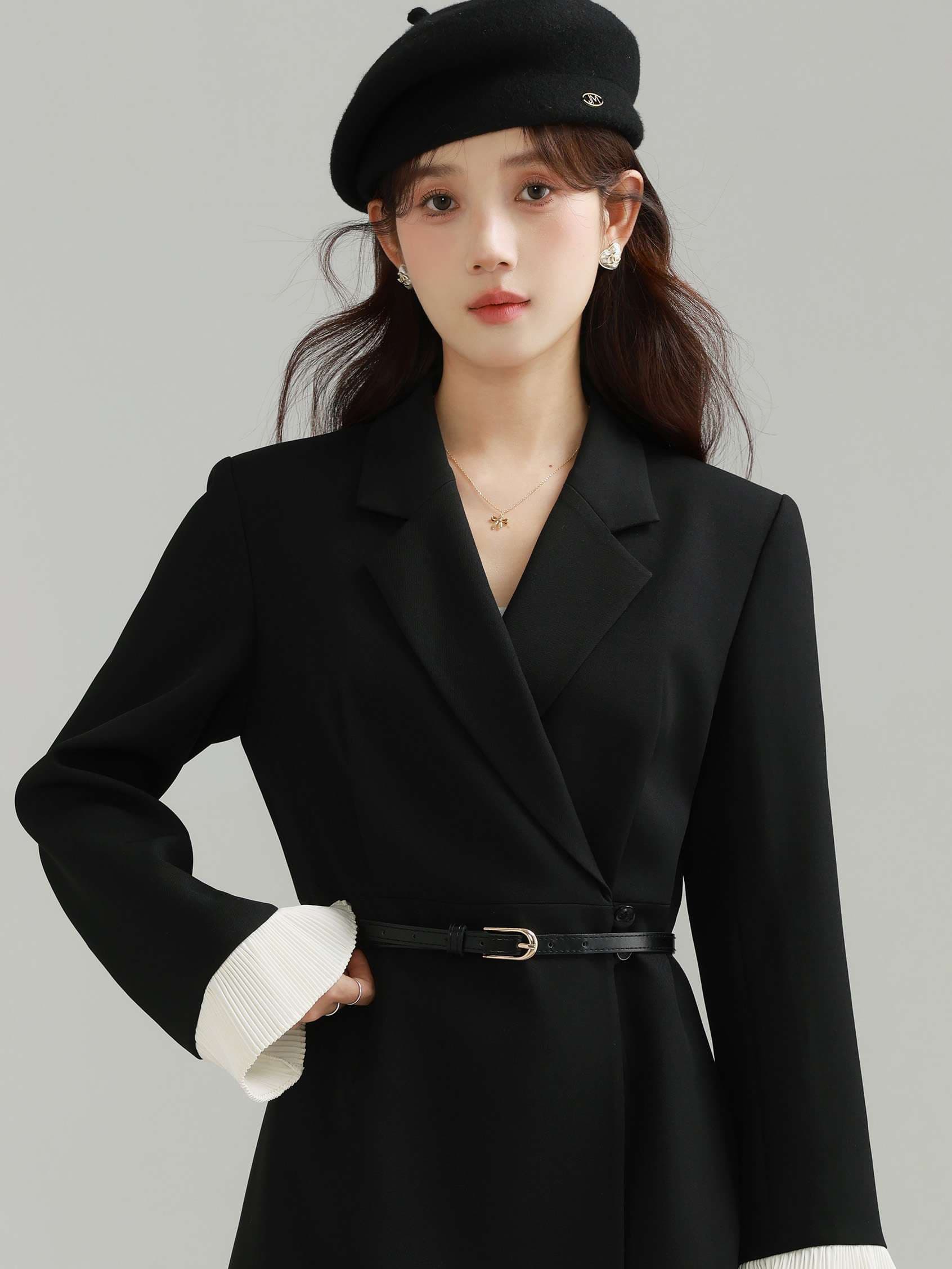 プリーツヘムベルト付きジャケットワンピース｜デート服
