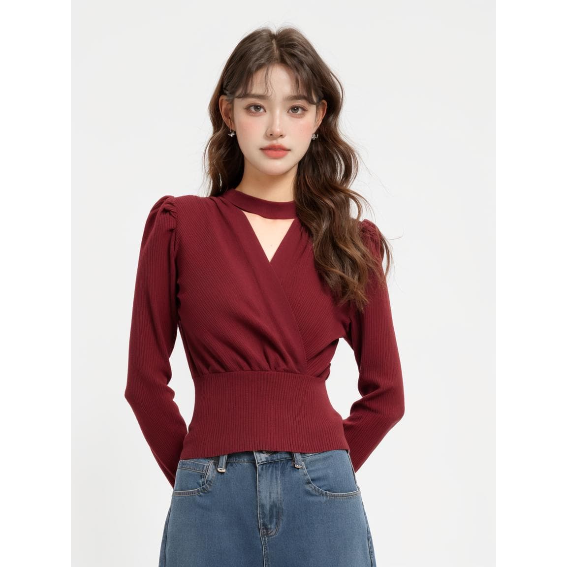 カットアウトディテールパフスリーブトップス｜デート服