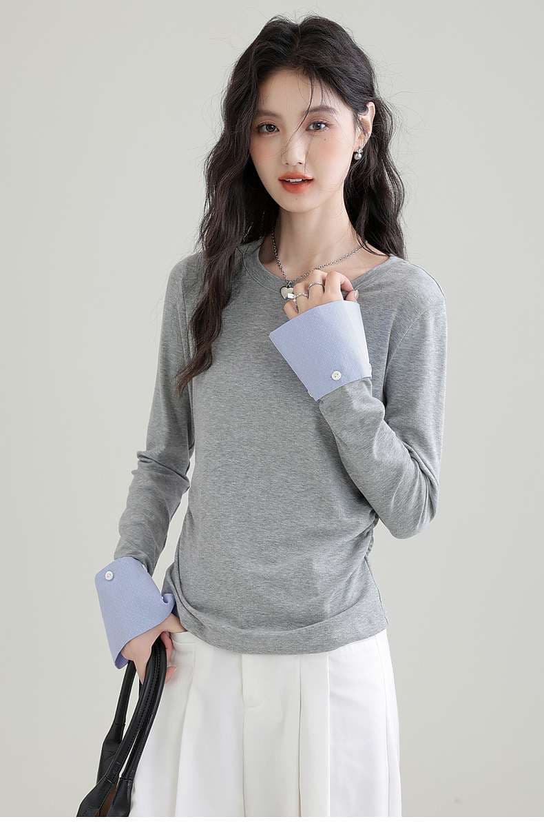 袖口切り替えロングスリーブカットソー｜デート服