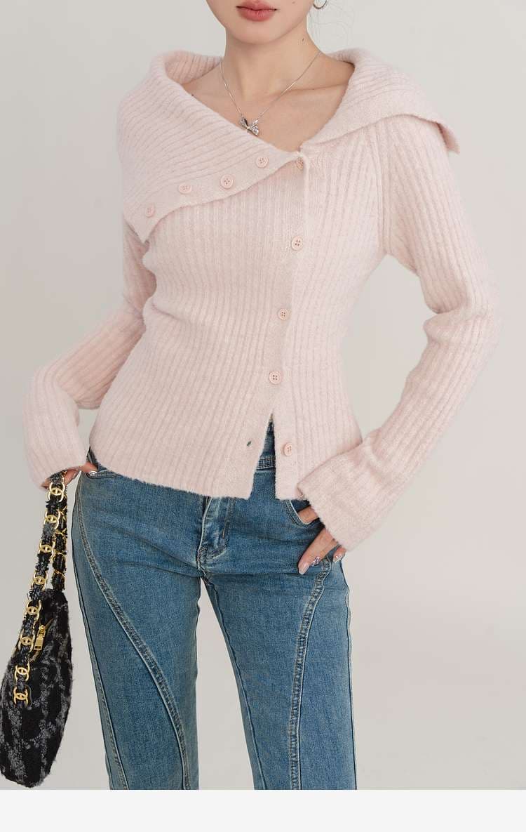 襟抜きリブカーディガン｜デート服