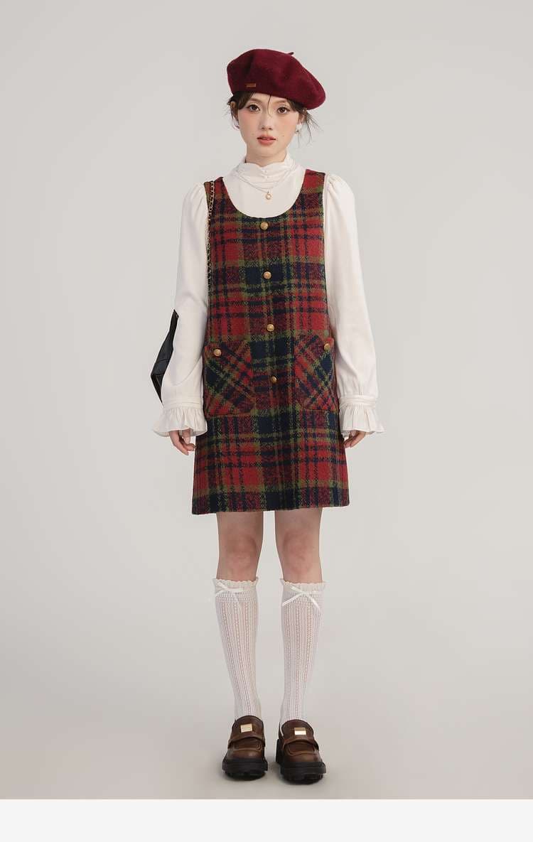 ヴィンテージチェック柄ジャンパースカート｜デート服