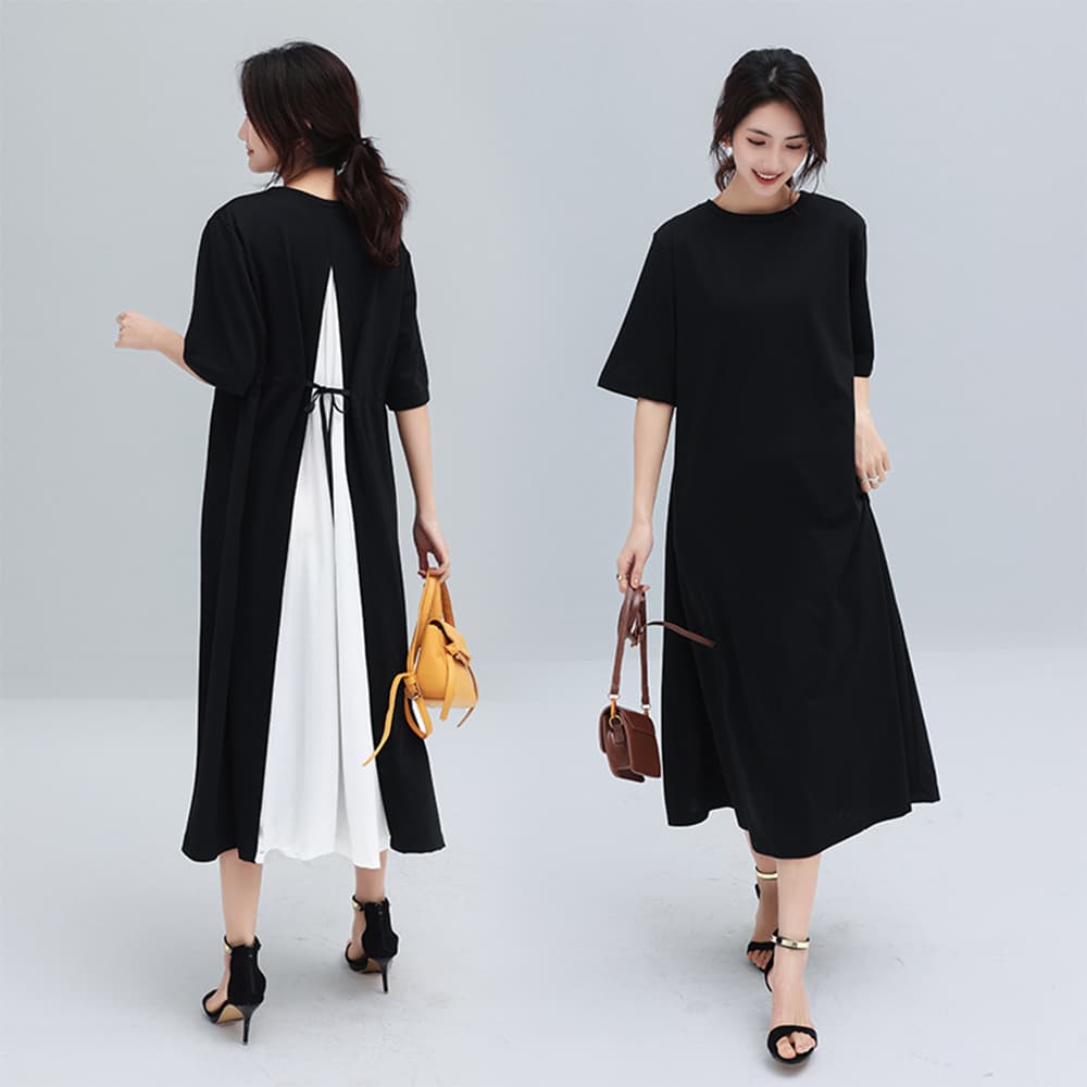 デート服 バック切り替え 上品ミモレ丈ワンピース