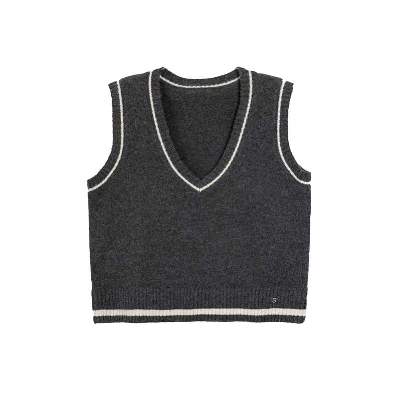 Vネックラインリブニットベスト｜デート服