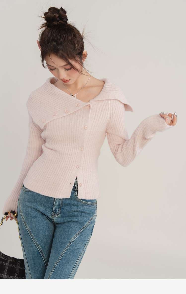 襟抜きリブカーディガン｜デート服